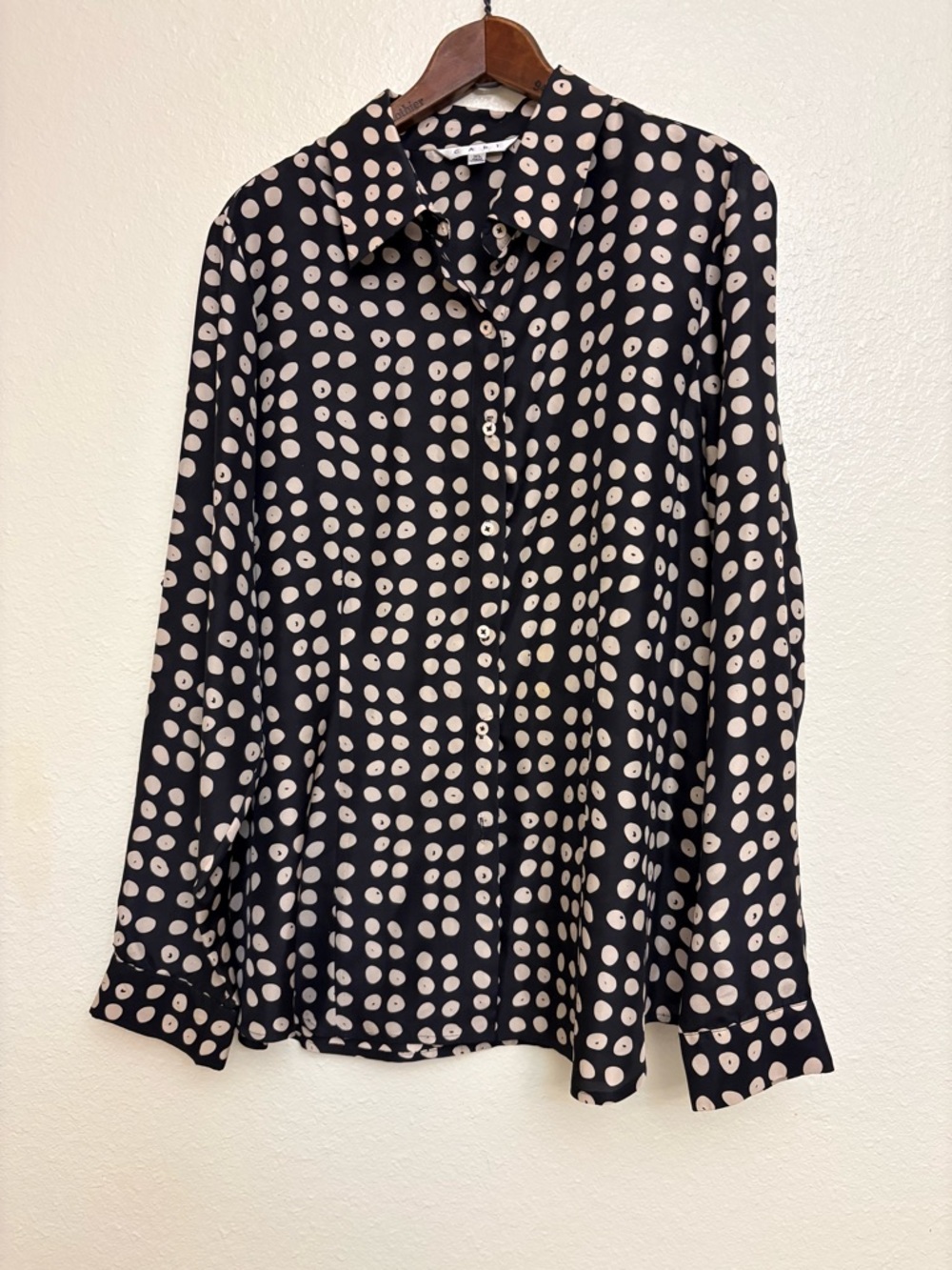 CAbi Polka Dot Collared Button-Up Blouse Black White Long Sleeve Size XL